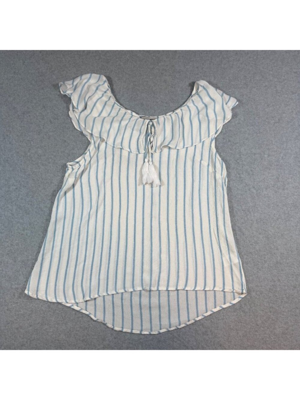 Allison Britney Women’s Large Blue White Striped Sleeveless Blouse Ruffle Tassel